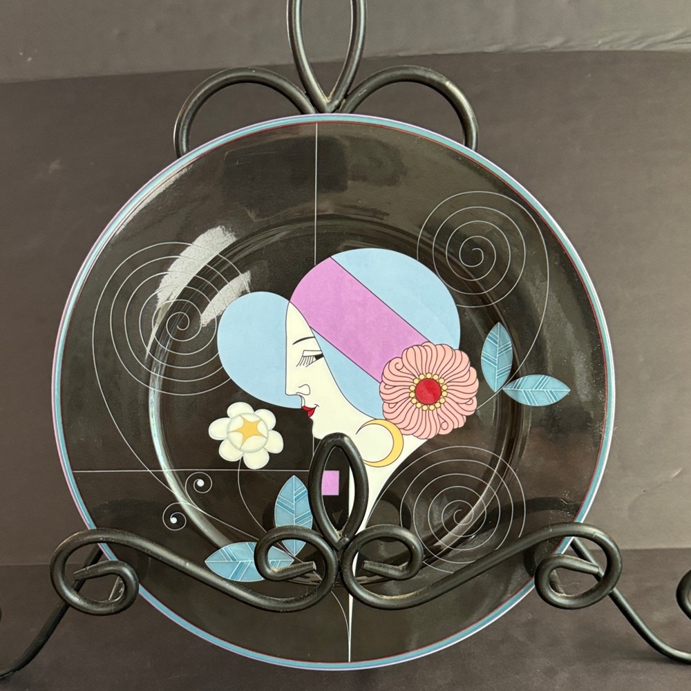 Vtg.Mikasa La Belle Art Deco Bone China black+pink decorative plate.12” diameter
